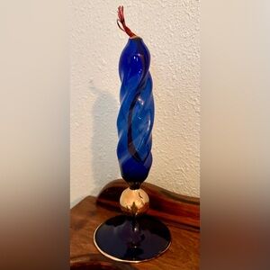Elegant Cobalt Blue and Gold Swirled Glass Art Sculpture Oil Lamp